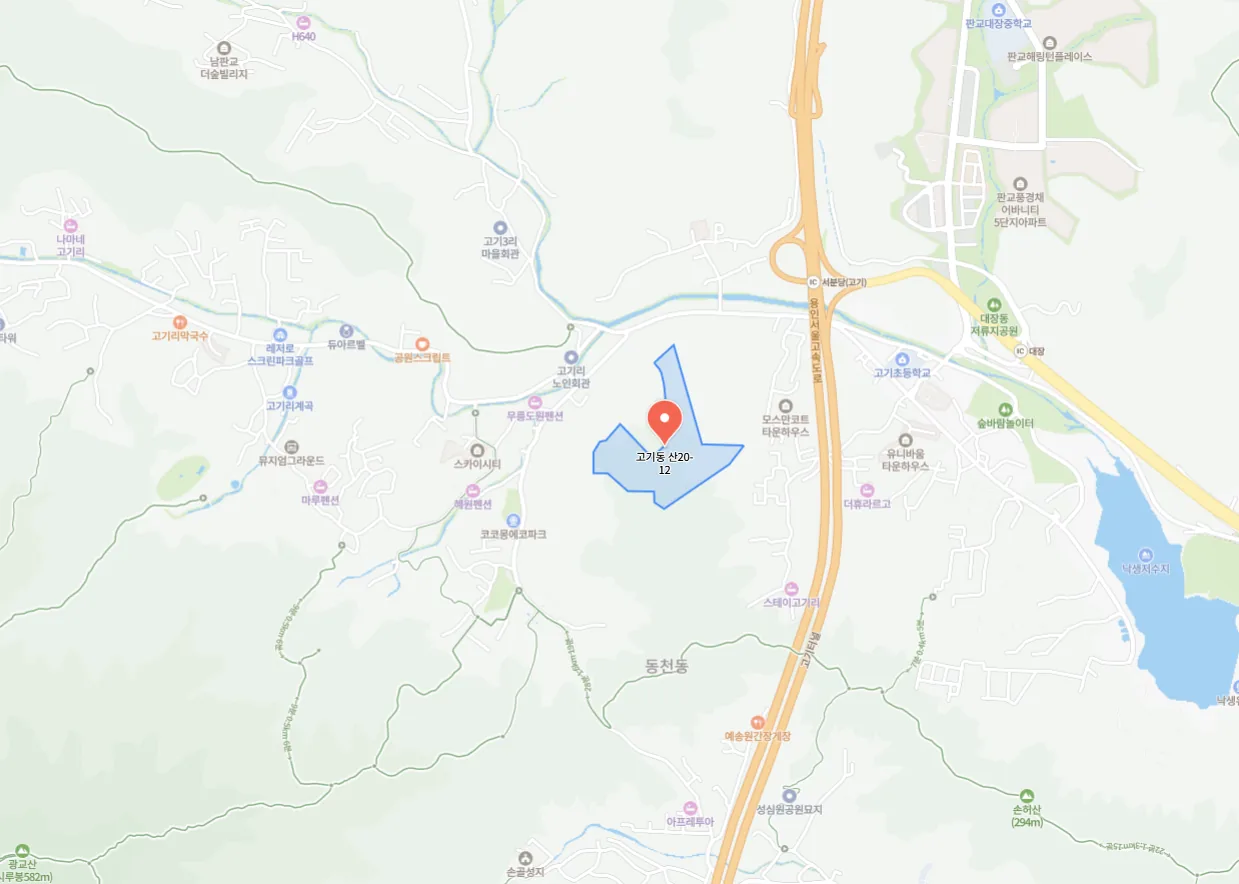 힐스테이트 남판교 더힐 사업지 위치 지도 — 경기도 용인시 수지구 고기동 산 20-12번지 일원